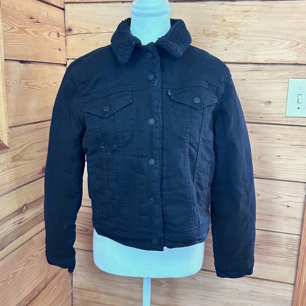 Levis‎ Sherpa Lined Trucker Jacket Black Denim Women Size S Small Fleece Coat